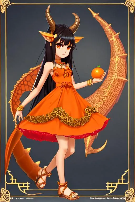 Prompt: full body anime, Arabic type female child character, dark tan skin, has a orange dragon tale, has orange dragon eyes, two curved horns on the side of her head, wears a short tan dress and sandals,