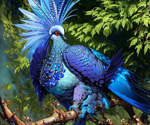 Prompt: A majestic Blue Crowned Pigeon. highly detailed, exquisitely intricate, beautiful, clear definition, high quality, by taras loboda, van Gogh, Ana dittman, Ivan Bilibin, Jean-Baptiste Monge, pieter aertsen, robert bissell. Iridescent colors. Shimmer. Highly detailed. Cinematic, polished finished. 3d.  spring garden background. 