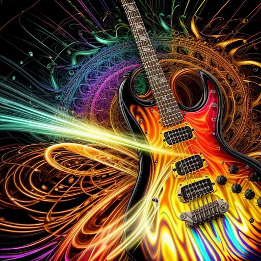 Prompt: beautiful swirl dark chaos vivid bold, 3D, HD, [{one}({liquid metal {electric}guitar with {orange yellow brown green red dark-blue}plasma)[::2, expansive psychedelic background --s99500 