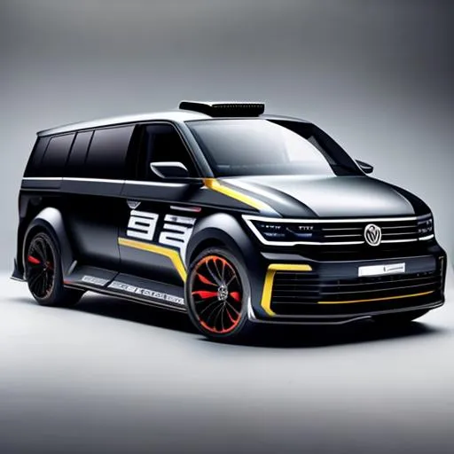 Prompt: Specced out rally version of the vw transporter, with a v12 in the back, with an enormous and complicated tear wing