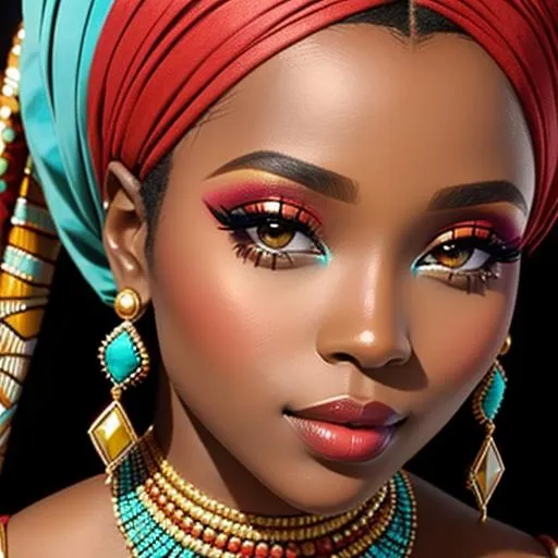 Prompt: Beautiful african woman, beautiful makeup, turquoise and red color scheme, closeup

