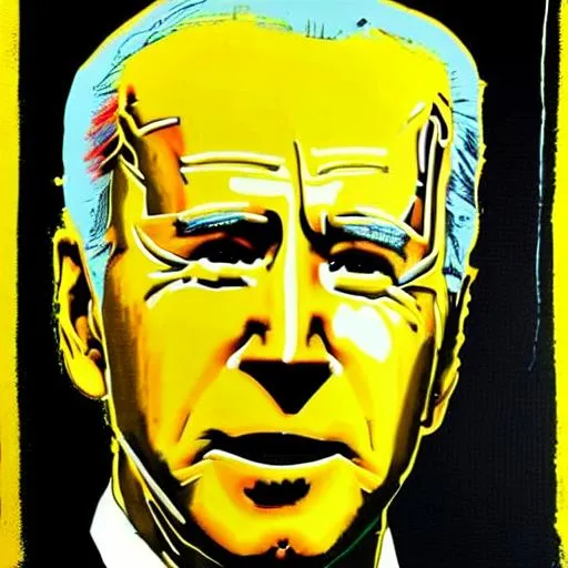 Prompt: Joe Biden in a yellow suit painted in the style of Andy Warhol Pop Art mixed media paint 


