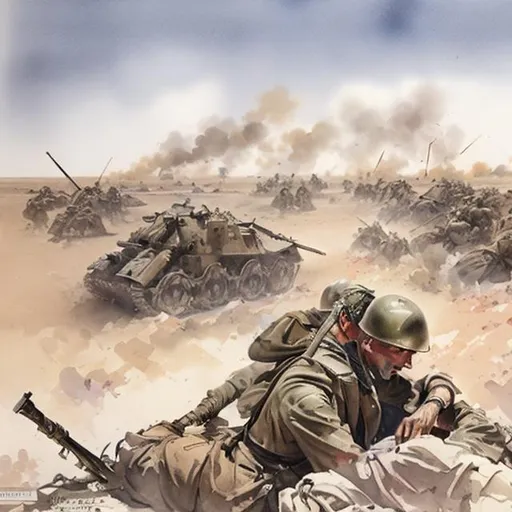Prompt: Battle of El Alamein 1942 seeking Shelter Amidst Artillery Barrage and Trenches in watercolor