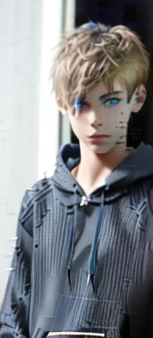 Prompt: Face close up, hyperdetailed, Beautiful young teen boy, (16 year old kid) (messy hair)+ ((hair covering eye))++ emo cut, lightbrownhair boy, hair, sharp gaze, blue eyes, innocent, boy model, 16 years old, hot, pretty, cute, hoodie zipper, cinematic lighting, blue sky, bright colors, blue, green, yellow, white,  luminous, hyperdetailed, great composition, professional, artstation award, (white background)++ 