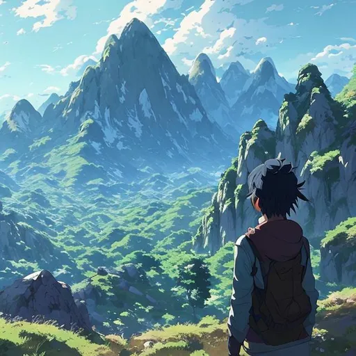 Prompt: a person looking at colorful mountain landscape art by Makoto Shinkai