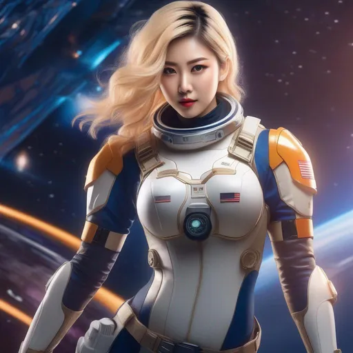 Prompt: An Asian woman with dyed blond hair, wearing a skimpy astronaut uniform, large shoulder pads,  visible thighs, space background, wide hips, {{{masterpiece}}}, action pose, UHD, armed with a pistol, perfect hands,