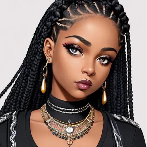 Prompt: punk, insanely beautiful 21 year old girl. beautiful box braids.  wearing a black top and black jeans. perfect grey eyes. perfect anatomy. symmetrically perfect face. hyper realistic. soft colours. no extra limbs or hands or fingers or legs or arms. full body view. dark skin.