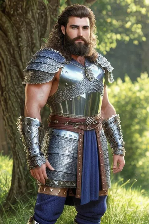 Prompt: male warrior fantasy character, chain mail armor, handsome, strong musculature, extremely hairy chest hair, short wavy hair and short trimmed beard, royal blue clothing. 