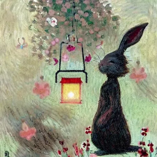 Prompt: bunny under cherry blossom tree, bunny holding small lantern, image by Shaun Tan, Claude Monet style