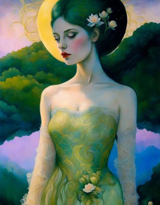 Prompt: Ethereal Mysterious Divine Lady, art by Martine Johanna, William Oxer, Susan Seddon Boulet, Michael Hussar, Hans Makart, caia Koopman, Daniel Merriam, maxfield parrish. Background by Bill Jacklin, beautiful face, delicate green and gold lace Gilded dress, illuminated by Moonlight, inlay water lilies intertwined with her hair, art deco, shimmer, glow, upper body shoot, green tones