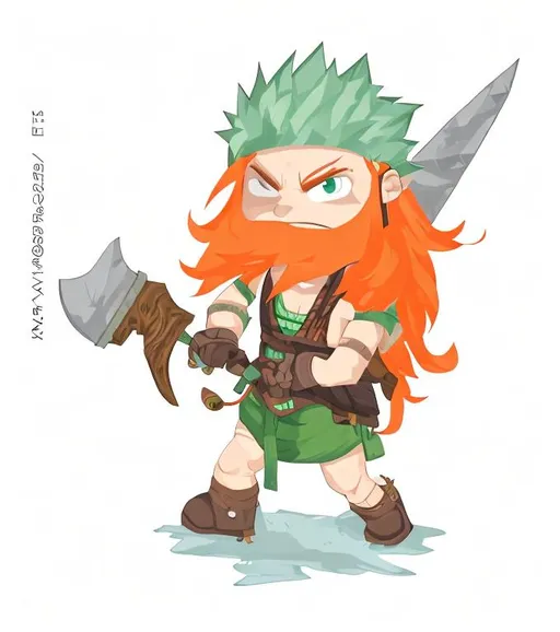 Prompt: (2d), male character, (orange hair, mohawk), (nordic, primitive clothing), green background, (completely green background), (green background with no details), (choorma key background) )