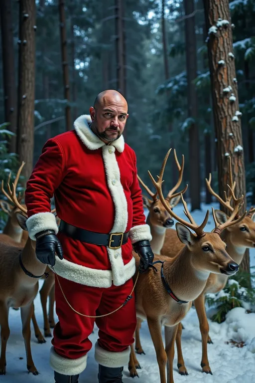 Prompt: Close up of a handsome bald man dressed as Santa Claus but without hat and Leading several deer on a leash as if they were dogs. It's nighttime and it's a forest covered in pine trees and snow. Funny photo, comical scene, photorealistic 