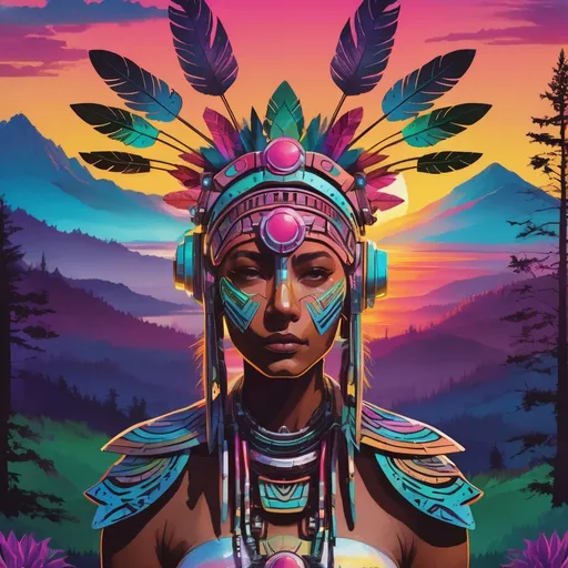 Prompt: An outdoor Art and electronic Music Festival poster featuring a tribal cyborg headdress in natural light around sunset with vibrant colors in the foreground and mystical mountains and forests in the background