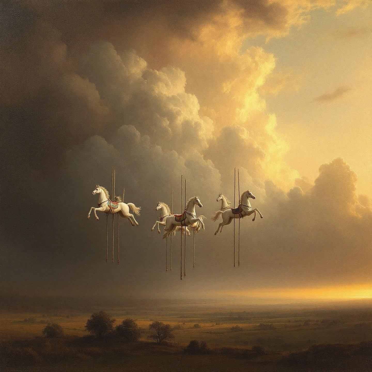 A surreal carousel floating among the clouds featuri...