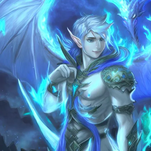Prompt: elf male with Azure hair and dragon wings