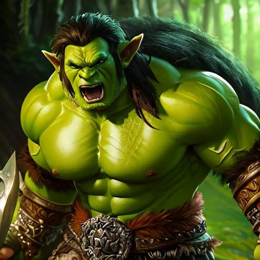 Prompt: fantasy, barbarian, orc, green skin, UHD, 8k, high quality, ultra quality, perfect composition, trending art, trending on artstation, sharp focus, studio photo, intricate details, cinematic lighting, special effects, hyper realism, hyper realistic, Very detailed, high detailed face, oil painting, full body, battle pose, screaming