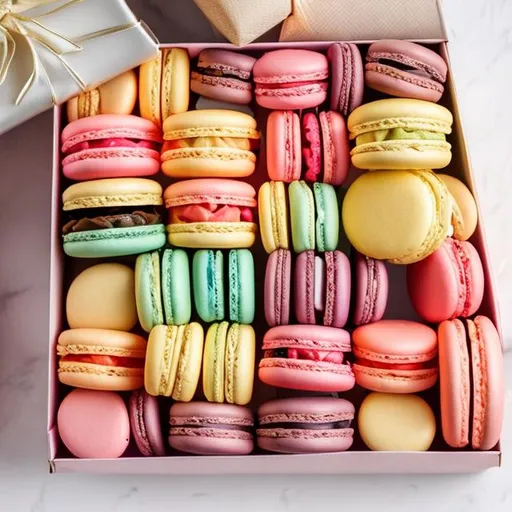 Prompt: fancy gift box with colorful French macarons perfectly arranged 
