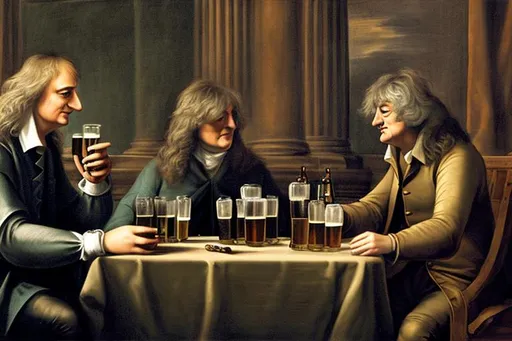 Prompt: Isaac Newton having a beer with James May