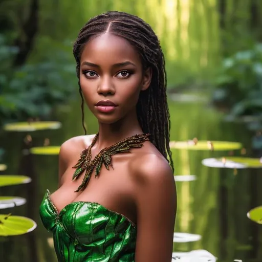 Prompt: professional modeling photo Tiana as live action human woman hd hyper realistic beautiful black woman brown hair brown skin brown eyes beautiful face green gown and jewelry and tiara enchanting bayou hd background with live action realistic Louisiana swamp with fireflies and lilypads and frogs