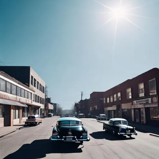 Prompt: Early tall 1950s buildings with black road 1950s chevrolet black cars high resolution 4k daytime nice weather light blue sky 