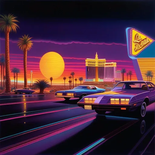 Prompt: 1980s, Las Vegas Strip at night, car chase, neon, dark purple atmosphere, cartoony style, extremely detailed painting by Greg Rutkowski and by Henry Justice Ford and by Steve Henderson
