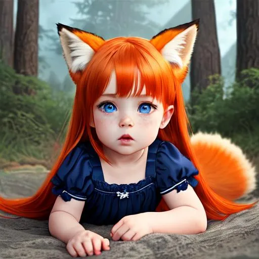 Prompt: Dark blue dress, lie on stomach, full body, child, beautiful, blue eyes, cute, toddler 2 years old, orange hair, fox ears, full lips, fox tail, freckles, 4K, 16K, highly realistic, extremely detailed, photo realistic, photo quality, full boddy, nature in background