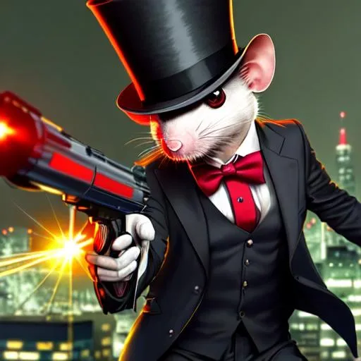 Prompt: Rat in a suit and top hat and umbrella, shooting a laser gun, fuzzy, details, high quality, texture, suave, red bow tie, UHD, HDR, hyperrealistic, professional, on a rooftop, night, sci-fi, album cover, 