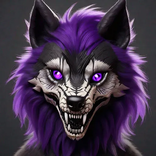 Prompt: A young 4 year old looking cat/wolf hybrid with black fur that has dark purple streaks running though it. They have a cat/wolf skull in place of their head.  Skull for head. Skull instead of head. Smile on face