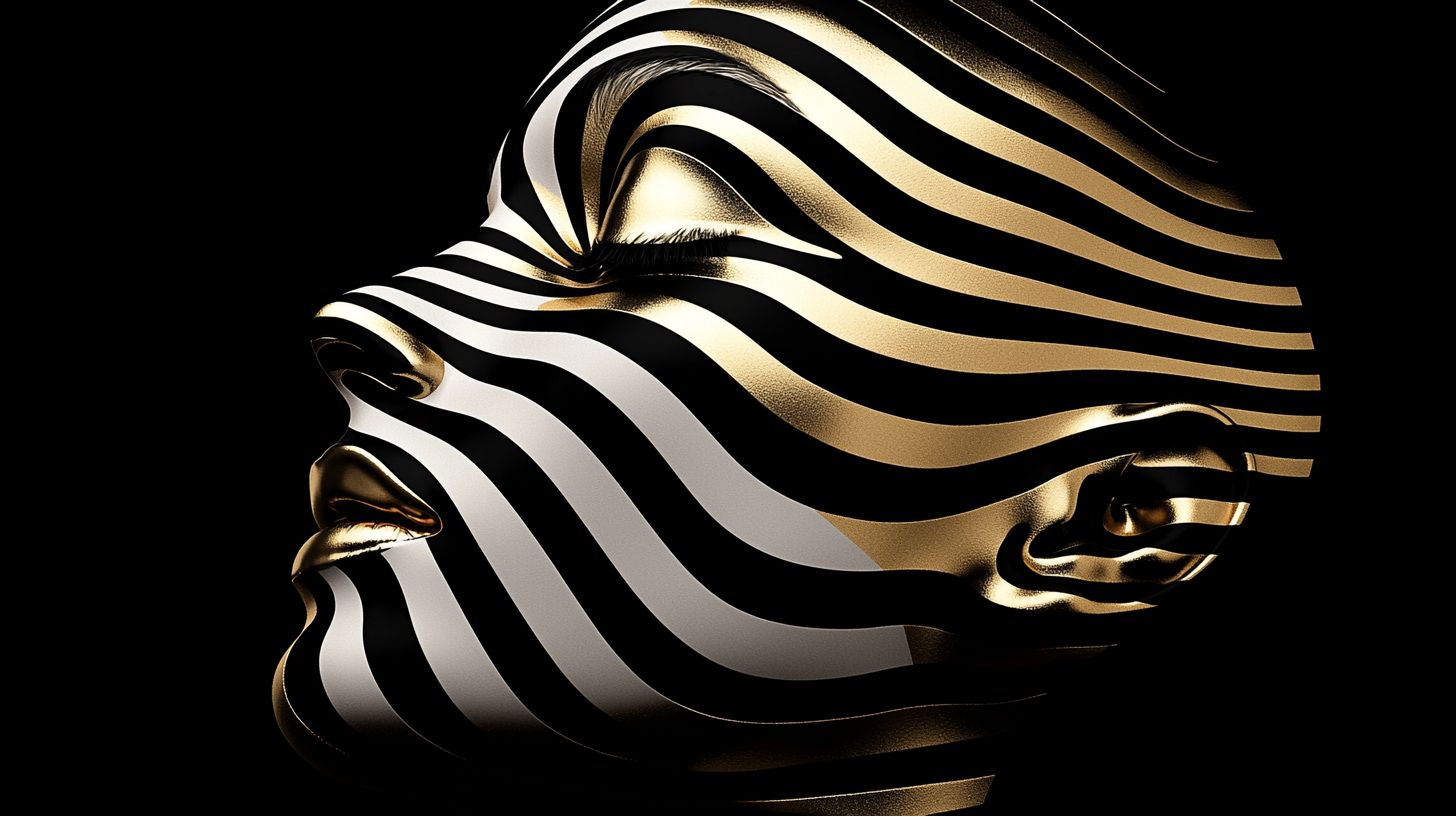 Prompt: Digital art of a face patterned with black and white stripes, where the surface mirrors chrome reflections. The scene is enhanced by quantum wavetracing, offering a unique visual experience. The backdrop blends light bronze and dark blue, alluding to a multimedia installation with strong futurist influences. Certain features stand out with selective focus.