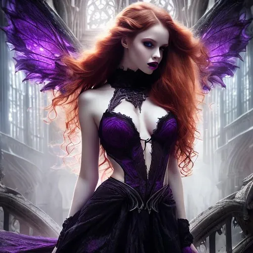 Prompt: HD 4K 3D Stunning, magic, cinematic potrait of gothic nymph, long, curly redhead hair, purple light, sunstrails, perfect female beauty, intricate, pale traslucent skin, magic, rich black dress, ethereal, stunning, gorgeous body, gorgeous eyes