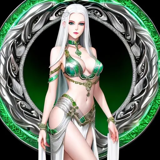 Prompt: young woman, slim, snake goddess, beautiful, silver hair, emerald eyes, pale skin, silver snakes, emeralds, full bod