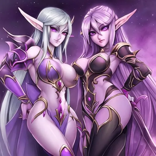 Prompt: a pair of female night elf with light purple skin from world of warcraft one holding daggers the other holding a bow