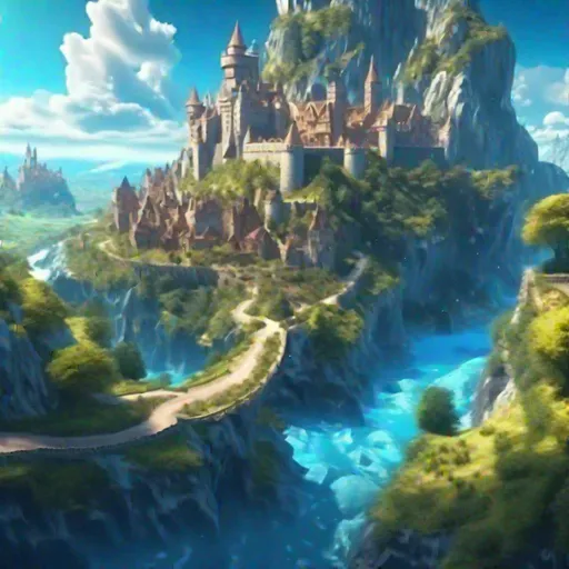 Prompt: A Fantasy landscape, a beautiful castle with a road to The castle, a shiny BLUE sky, with sky Islands above, 4k, ultra HD, High quality, Dynamic lights, hyperdetailed