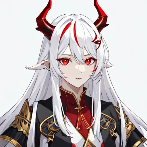 Prompt: Zerif 1male (Red side-swept hair covering his right eye) holding Zaley {white hair, female, white demon horns, 10 years old}, UHD, 8K, highly detailed