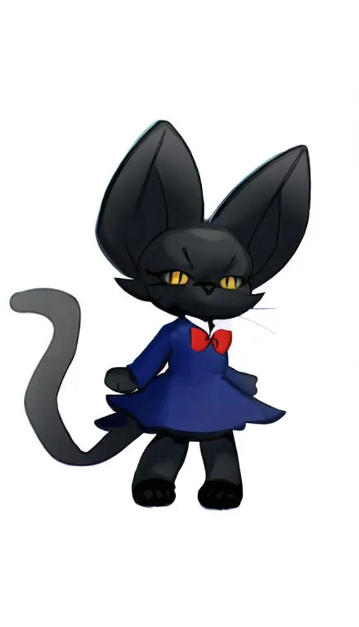 Prompt: A humanoid black cat with a blue dress, a red bowtie, black socks and no eyes