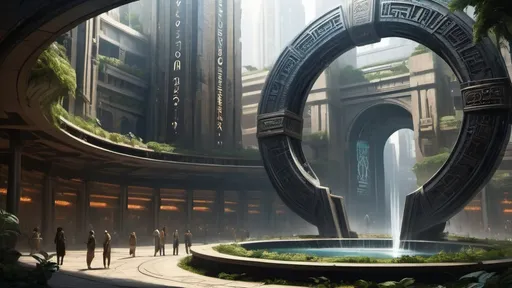 Prompt: magical portal between cities realms worlds kingdoms, circular portal, ring standing on edge, upright ring, freestanding ring, hieroglyphs on ring, complete ring, ancient babylonian architecture, hanging gardens, large wide-open city plaza, turned sideways view, futuristic cyberpunk tech-noir setting