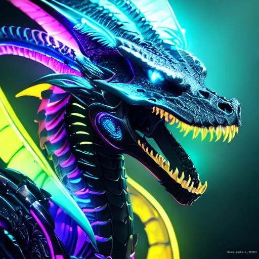 Portrait of a roaring neon skeleton dragon with irid... | OpenArt