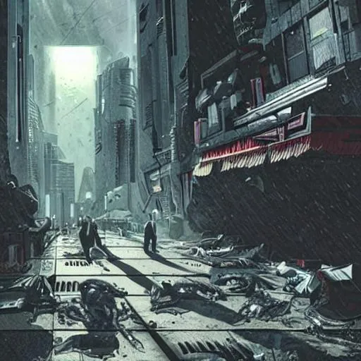 Prompt: Alien zombie apocalypse cyberpunk dystopian destroyed city