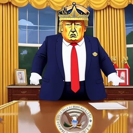 Prompt: Obese, Emperor Trump in an admiral's navy uniform with military medals and ribbons, with a golden crown on his head at his desk, too long red tie, Oval Office scene,  Simpson style 