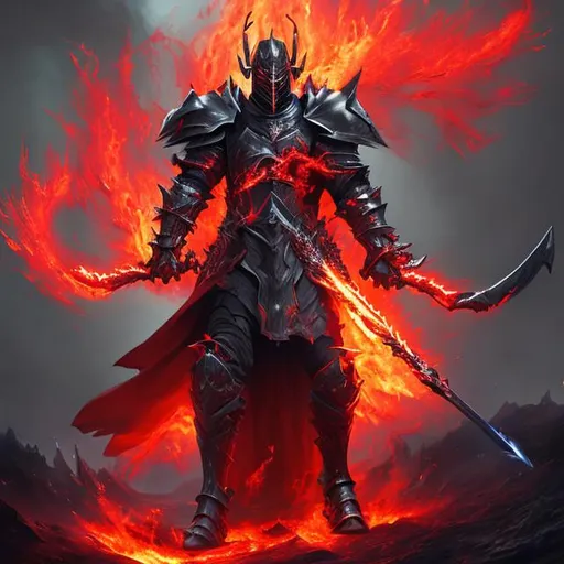 Prompt: (3D, 8k, masterpiece, oil painting, professional, UHD character, UHD background) a black knight with a red magic aura and a dark red flaming sword surounded by a dark wasteland
