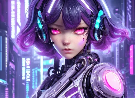 Prompt: cyborg anime girl with short ombre black and lilac hair, cute eyes, soft look, fair skin with few freckles, light blush on cheeks, soft smile, plump pink lips, half body with mechanical parts partially covered with light gray frame, holding a digital pen to the front. cyberpunk background with neon colors palette of purple, blue, pink and yellow