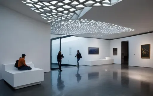 Prompt: The interior of the museum
 With the human rectangular volume in the environment, the hidden light with folding folding style and bright material