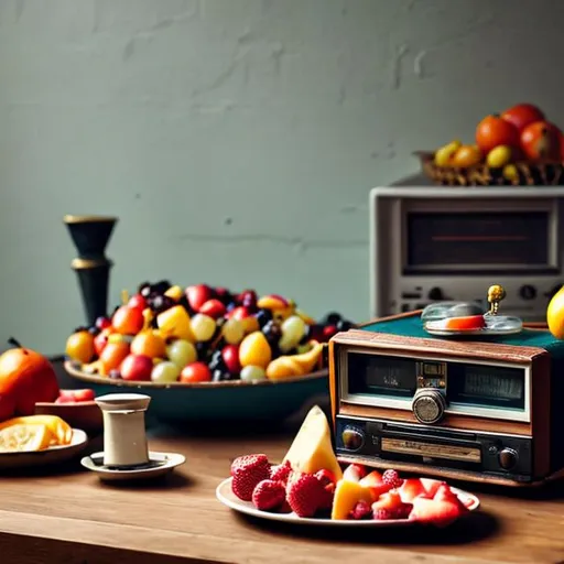 Prompt: old radio player on table with fruit salad in the kitchen