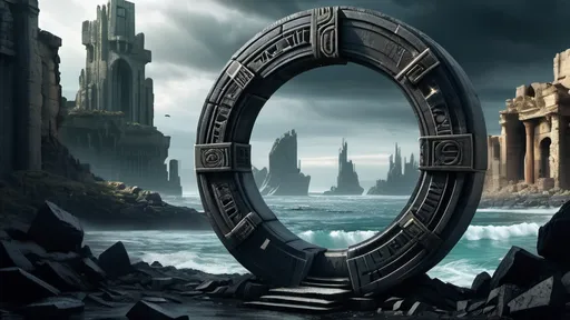 Prompt: magical portal between cities realms worlds kingdoms, circular portal, ring standing on edge, upright ring, freestanding ring, hieroglyphs on ring, broken ring, ruins, crumbling pillars, broken archways, ancient roman architecture, costal wilderness setting, panoramic view, futuristic cyberpunk tech-noir setting