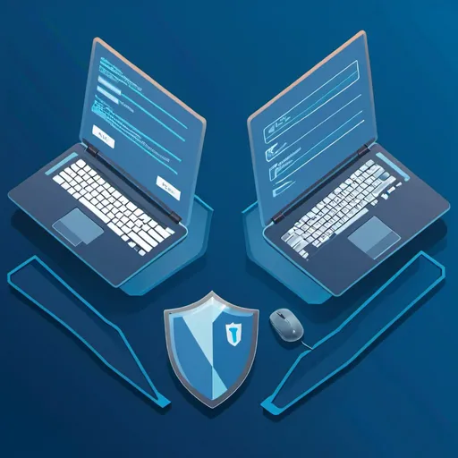 Prompt: two laptops with a shield on the screen and a mouse on the keyboard, with a blue background, Andries Stock, les automatistes, technology, computer graphics