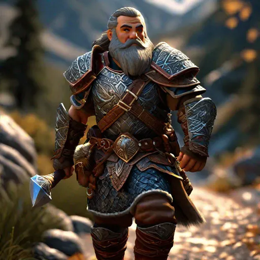 Prompt: D&D dwarf warrior,  walking down a trail, highly detailed, professional, render, Sharp focus, HD, UHD, HDR, hyper realistic