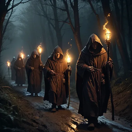 Prompt: Hooded monks with lit torches walking, muddy forest road at night, Warhammer fantasy RPG style, atmospheric lighting, dark and eerie, detailed robes and hoods, glowing torchlight, gritty and textured, mysterious atmosphere, high quality, dark fantasy, detailed faces, intense and focused gaze, medieval, atmospheric lighting