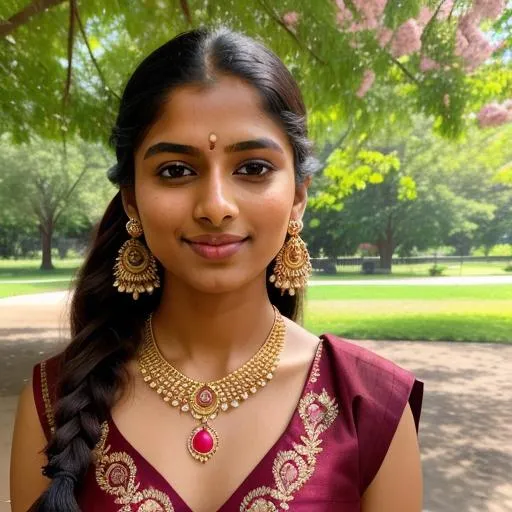 Prompt: Gorgeous Indian ((skinny)) girl in a park, pretty, cute 🥰, ((one eyes Winking)), Maroon-brown Dress, centered in frame,close-up, ultra realistic, natural lighting, background having trees with pink flowers , drop type earrings, thin gold necklace, pony tail hairstyle