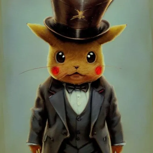 Prompt: Pikachu with a top hat and a suit, extremely detailed, realistic. Krenz Cushart + loish +gaston bussiere +craig mullins, j. c. leyendecker +Artgerm, oil painting texture oil painting effect Krenz Cushart + loish +gaston bussiere +craig mullins, j. c. leyendecker +Artgerm, oil painting texture.