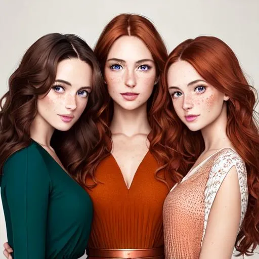 Prompt: portrait of four irish sisters standing close together | woman one: a woman with straight chestnut hair, copper highlights and light hazel eyes, oval, symmetrical face with freckles, pointy chin | tall, slim body, wearing light summer dress | symmetrical face, accurate anatomy, | and | woman two: a woman with fringed brown hair, red highlights and dark brown eyes | slender body wearing jeans and leather jacket | symmetrical face with moles, huge sharp nose, accurate anatomy, | and | woman three: the full body of a woman with dark short ginger hair, bronze highlights and malachite eyes | skinny body wearing an office business suit | oval face with beauty marks, | and | woman four: the waist up torso photo of a young woman with thick curly wavy chestnut hair and greed eyes, proportional face, | muscular body, wearing a bikini | sharp focus, ultra-fine details, cinematic lighting, 4k | oil painting illustration, digital painting, scenic, wlop, artgerm, vastly ornate detailed background, vibrant colors, italian 